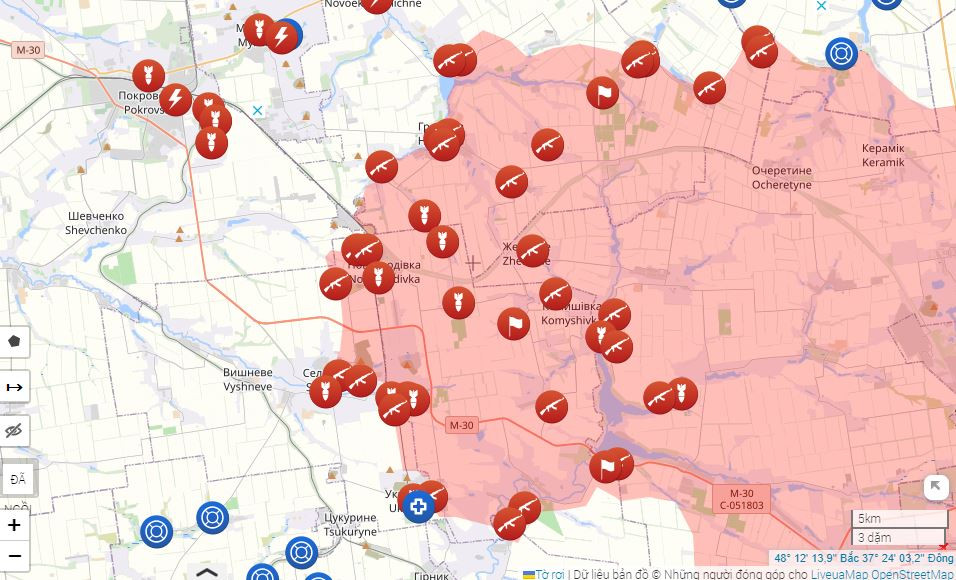 Ở phía đông nam của thành phố Pokrovsk, lực lượng tấn công của Nga đã không tiến lên trong 48 giờ qua. Có vẻ như họ đã bước vào trạng thái nghỉ ngơi tạm thời; do vậy không có động thái lớn nào trong vài ngày qua. 