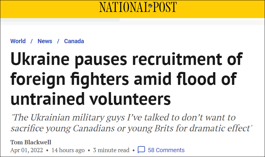 National Post, một tờ nhật báo của Canada đưa tin, trước đó các đại sứ quán Ukraine ở phương Tây, đã tích cực khuyến khích sự tham gia của những người lính tình nguyện tiềm năng, đặc biệt là từ Canada, đến tham gia chiến đấu tại Ukraine.