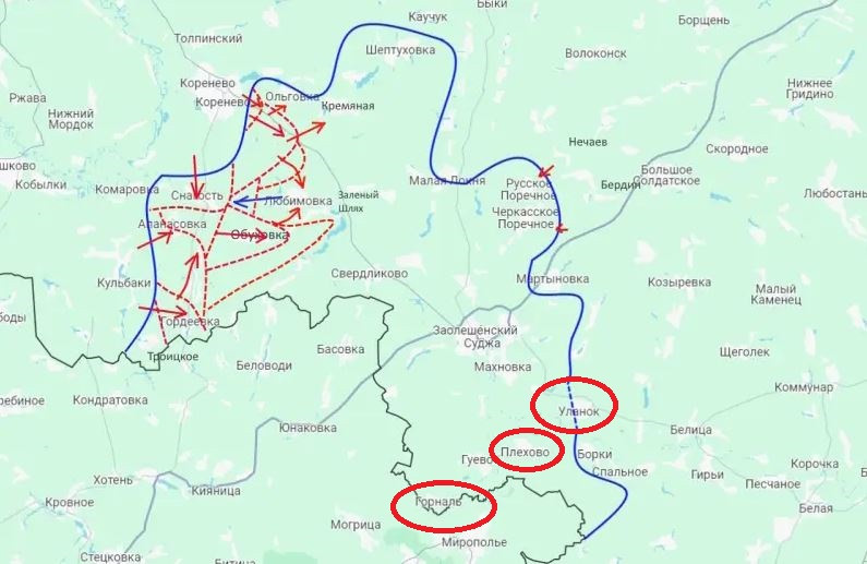 Trong khi đó, bên cánh phía đông khu vực quân Ukraine chiếm giữ, quân Nga cũng đang tiến tới Plekhovo. Mục tiêu của họ ở đây là phát triển tới biên giới phía nam Sudzha, sau đó mở cuộc tấn công theo hướng từ Gordeevka và Gornali đến Yunkovka. Mục đích là cắt đứt đường tiếp vận của quân Ukraine ở khu vực Kursk.