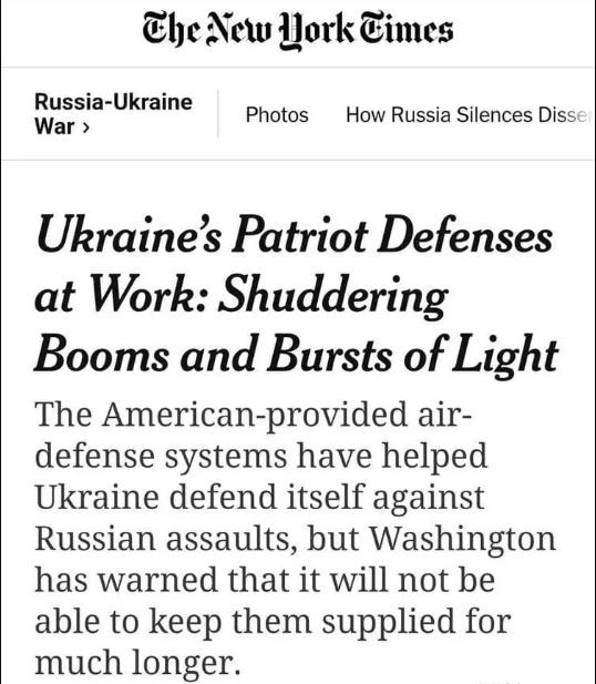 Ngày 6/1 vừa qua, tờ The New York Times của Mỹ viết, “ Có thể Washington sẽ ngừng hoàn toàn đưa tên lửa Patriot tới Ukraine, vì những hệ thống phòng không Patriot của Ukraine mà Mỹ đưa tới thường xuyên bị tên lửa Nga phá hủy”. 