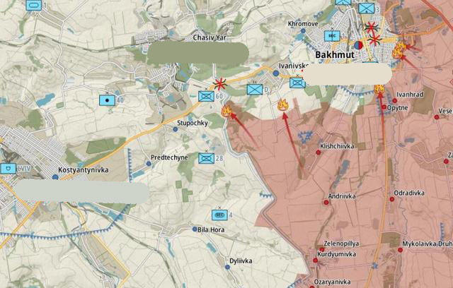 Ở phía nam Bakhmut, cách chưa đầy 10 km về phía tây là Konstantinovka, có diện tích tương đương với Bakhmut; chỉ 3 km về phía bắc là Chasov Yar. Thị trấn nhỏ duy nhất trước mặt Wagner trên khu vực phía Nam Bakhmut là Ivanivsk, nhưng ngôi làng này nằm ở vùng đất thấp và nằm giữa vùng cao nguyên và khu vực đô thị, nên không dễ bị tấn công.