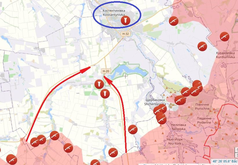 Còn trên hướng mặt trận thành phố Kostiantynivka ở tỉnh Donetsk, RFAF đã xây dựng trận địa xuất phát tiến công ở phía nam thành phố. Vào ngày 23/4, Bộ Quốc phòng Nga thông báo rằng, Cụm quân phía Nam của RFAF, đã chiếm được cứ điểm Tarasivka của AFU, ở phía tây nam Kostiantynivka.