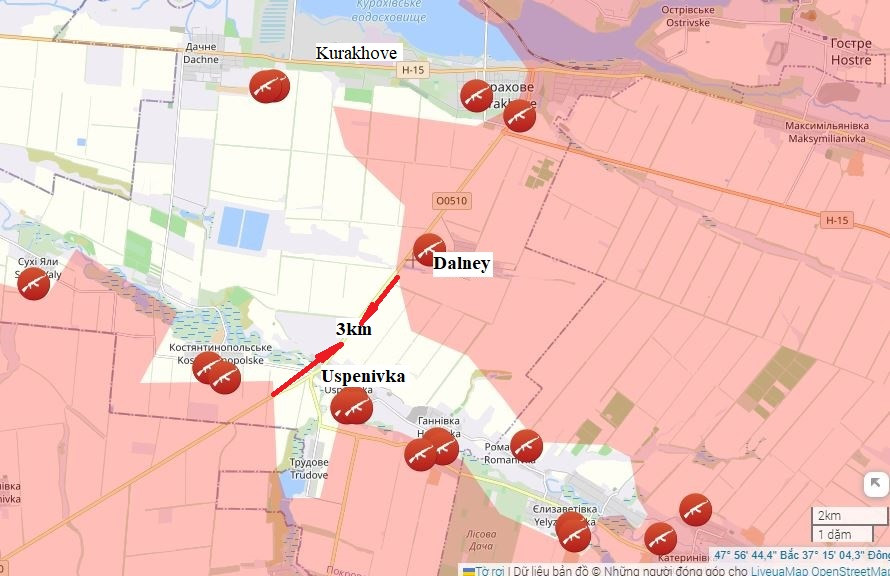 Sau khi chiếm ngôi làng Dalneye, vị trí có ý nghĩa chiến thuật quan trọng ở phía nam thành phố Kurakhove, quân Nga đã cắt đứt việc hỗ trợ giữa cụm quân Ukraine ở Kurakhove và tuyến phòng thủ sông Sukhi Yaly. Đồng thời tiếp tục tiến về phía Uspenivka, chỉ còn 3 km nữa, họ sẽ “khâu miệng túi” của quân Ukraine ở phía nam tuyến phòng thủ sông Sukhi Yaly.