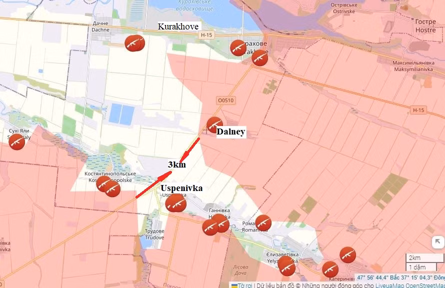 Sau khi chiếm ngôi làng Dalneye, vị trí có ý nghĩa chiến thuật quan trọng ở phía nam thành phố Kurakhove, quân Nga đã cắt đứt việc hỗ trợ giữa cụm quân Ukraine ở Kurakhove và tuyến phòng thủ sông Sukhi Yaly. Đồng thời tiếp tục tiến về phía Uspenivka, chỉ còn 3 km nữa, họ sẽ “khâu miệng túi” của quân Ukraine ở phía nam tuyến phòng thủ sông Sukhi Yaly.