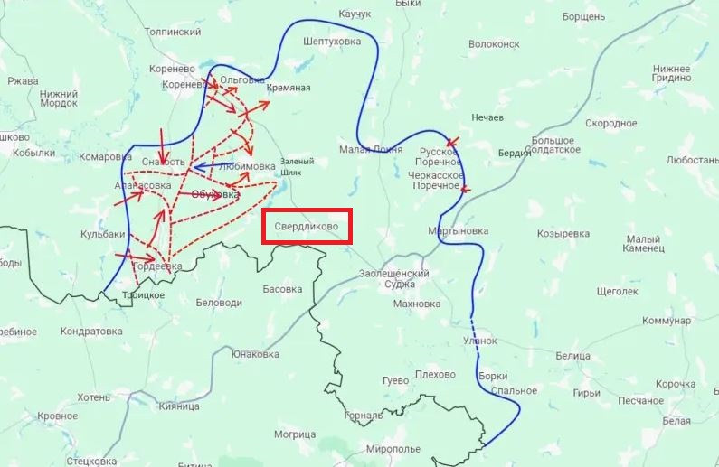Hiện Quân đội Nga đang tập trung tiến công tái chiếm thị trấn Sverdlikovo, buộc quân Ukraine ở đây phải rút lui dần về Sudzha, và một phần tới biên giới vùng Sumy (lãnh thổ Ukraine), dọc theo sông Loknya ở phía nam Sverdlikovo. Nếu chiếm được Sverdlikovo, sẽ cắt đường rút lui của quân Ukraine về bên kia biên giới. 