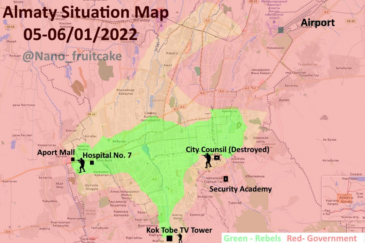 Vào khoảng 20:00 ngày 6/1, các đơn vị lính dù Nga đã hoàn toàn giải phóng được sân bay quốc tế Alma-Ata từ tay lực lượng bạo loạn, giành lại quyền kiểm soát sân bay và trên toàn bộ khu vực của thành phố. Một số lực lượng bạo loạn đã bị tiêu diệt trong khi cố gắng kháng cự, trong khi phần còn lại bỏ chạy. 