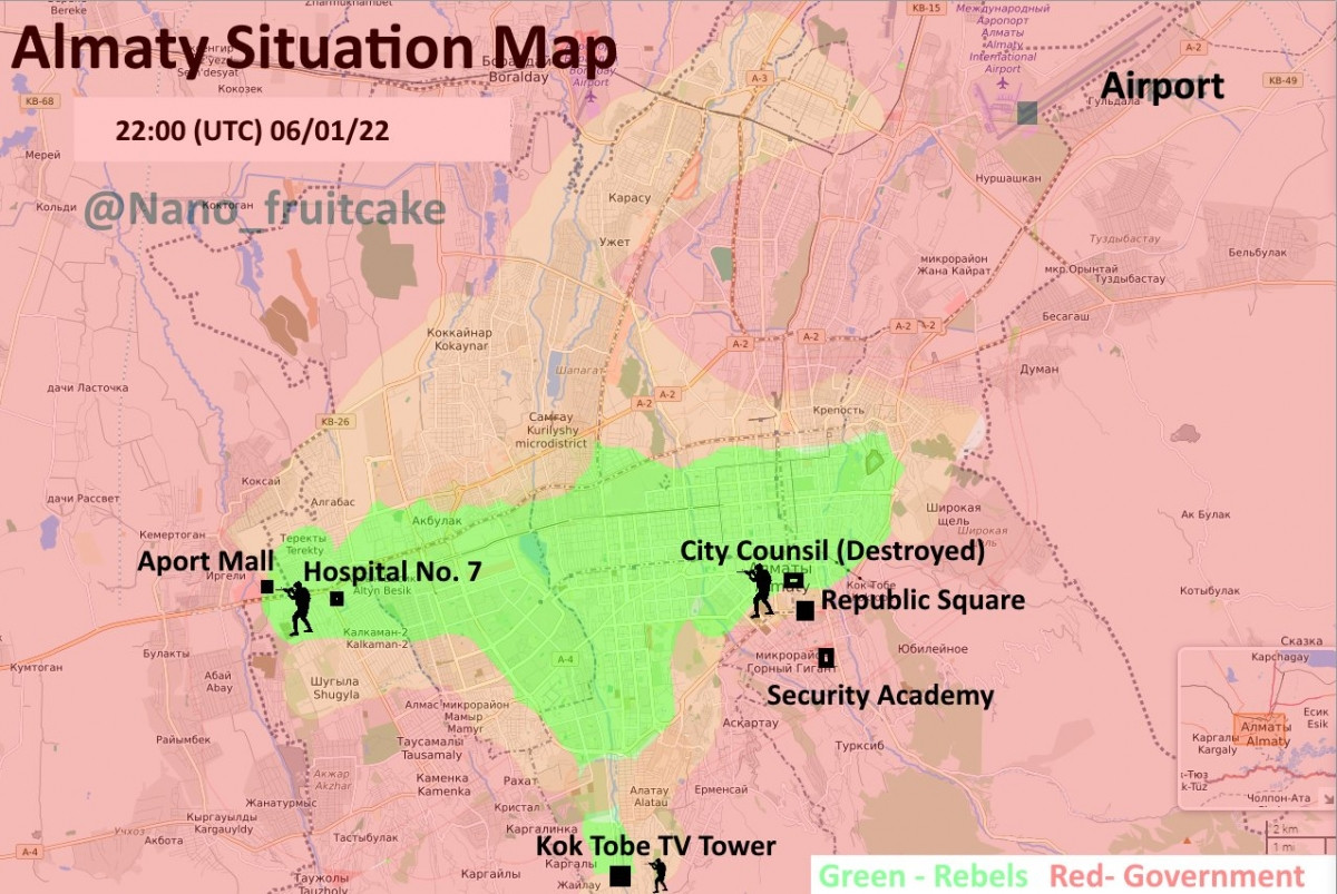 Tiếp đến 5 giờ nữa, những kẻ bạo loạn cố gắng giành thế chủ động và mở cuộc tấn công ở phía nam của Alma-Ata, cố gắng chiếm một đài truyền hình và triển khai các tay súng bắn tỉa. Tuy nhiên, đến 15 giờ ngày 7/1, lực lượng bạo loạn chính đã bị tiêu diệt.