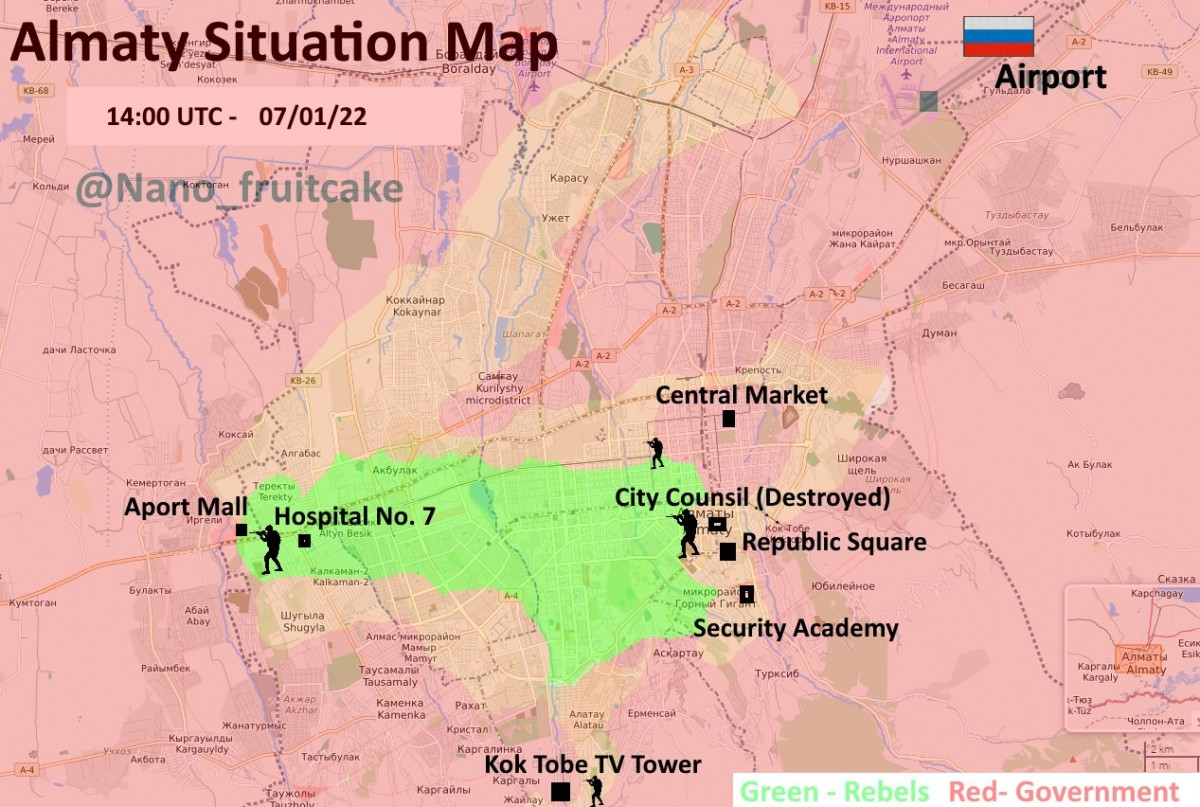 Theo các chuyên gia, chiến dịch chống khủng bố ở Alma-Ata có thể hoàn thành vào sáng thứ Hai. Đây là lần đầu tiên ra quân của Hiệp ước An ninh Tập thể (CSTO) và tình hình ổn định nhanh chóng được lập lại, không thể để tái diễn một Syria hay Lybia thứ hai ở khu vực Trung Á. Nguồn ảnh: Fruitcake.