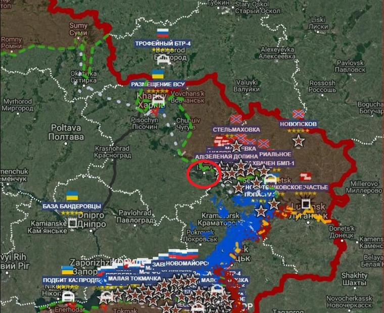 Thành phố Izyum (khoanh màu đỏ) có tầm quan trọng chiến lược, do vị trí của nó. Kiểm soát được Izyum với sự hỗ trợ ở phía sau và hai bên sườn, giúp các đơn vị dân quân tiếp cận Slavyansk và Kramatorsk.
