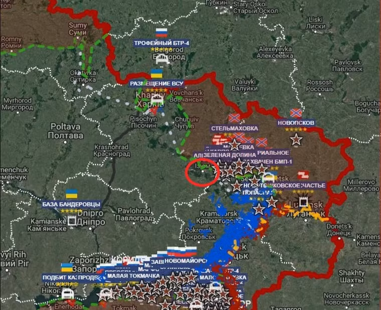 Thành phố Izyum (khoanh màu đỏ) có tầm quan trọng chiến lược, do vị trí của nó. Kiểm soát được Izyum với sự hỗ trợ ở phía sau và hai bên sườn, giúp các đơn vị dân quân tiếp cận Slavyansk và Kramatorsk.