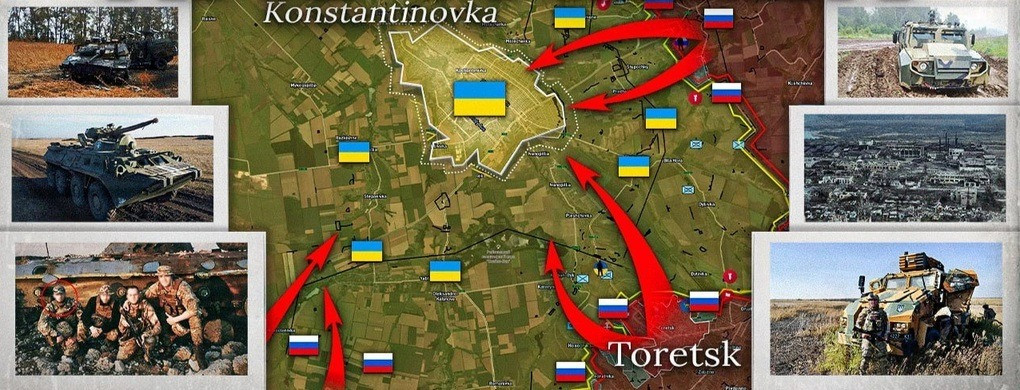 Tuy nhiên, một cuộc tiến công gọng kìm của RFAF từ Toretsk và Chasiv Yar, sẽ đảm bảo chiếm được Konstantinovka thuận lợi hơn. Konstantinovka nằm cách Chasov Yar vài km về phía đông, và quân Nga cũng đã chuẩn bị tràn ngập hoàn toàn thành phố này; trong khi từ thành phố Toretsk tới Konstantinovka cũng chỉ hơn 10 km.