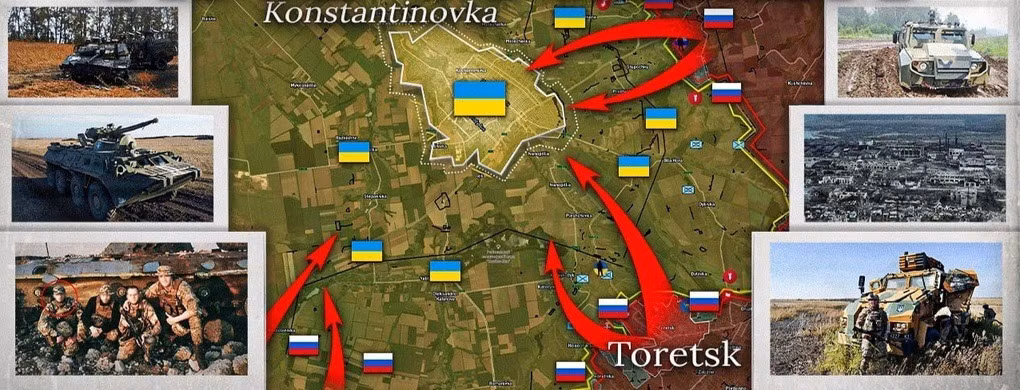 Tuy nhiên, một cuộc tiến công gọng kìm của RFAF từ Toretsk và Chasiv Yar, sẽ đảm bảo chiếm được Konstantinovka thuận lợi hơn. Konstantinovka nằm cách Chasov Yar vài km về phía đông, và quân Nga cũng đã chuẩn bị tràn ngập hoàn toàn thành phố này; trong khi từ thành phố Toretsk tới Konstantinovka cũng chỉ hơn 10 km.