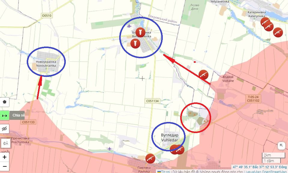 Nhưng nếu quân Ukraine không rút lui, khi đoạn giữa Novoukrainka và Bogoyavlenka nằm dưới sự kiểm soát của quân Nga, thì quân Ukraine sẽ không còn nơi nào để rút lui. Giờ đây, quân đồn trú Ukraine ở Ugledar vẫn có cơ hội rút về Novoukrainka và Bogoyavlenka.