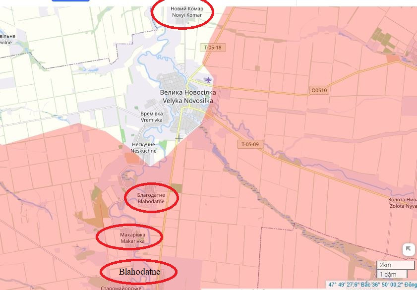 Đáng chú ý nhất chính là tình thế ở Velyka Novosyolka, khi RFAF không chỉ giành lại quyền kiểm soát ngôi làng Novyi Komar ở phía bắc, mà còn tổ chức những đòn tấn công gây sức ép ở phía nam: Makarivka, Blahodatne và Storozhevoye bị tràn ngập trong các đòn tấn công không ngừng nghỉ của RFAF.