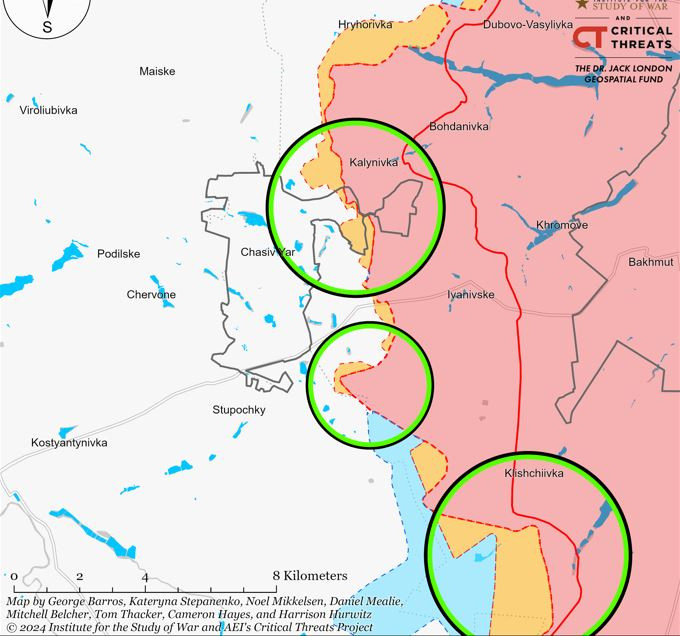 Ngoài ra, Quân đội Nga, với ưu thế tuyệt đối về quân số, không quân, pháo binh, đã tích cực mở rộng các đầu cầu ở phía tây kênh đào Seversky Donets - Donbass ở phía bắc và phía nam Chasov Yar. Quân Ukraine đang rút khỏi vị trí cuối cùng của họ ở phía đông kênh đào; đây là khu vực mà quân Ukraine đã tái chiếm trong “cuộc phản công” vào mùa hè năm 2023.
