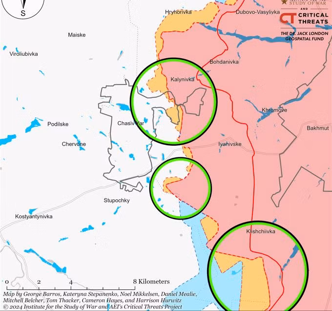 Ngoài ra, Quân đội Nga, với ưu thế tuyệt đối về quân số, không quân, pháo binh, đã tích cực mở rộng các đầu cầu ở phía tây kênh đào Seversky Donets - Donbass ở phía bắc và phía nam Chasov Yar. Quân Ukraine đang rút khỏi vị trí cuối cùng của họ ở phía đông kênh đào; đây là khu vực mà quân Ukraine đã tái chiếm trong “cuộc phản công” vào mùa hè năm 2023.