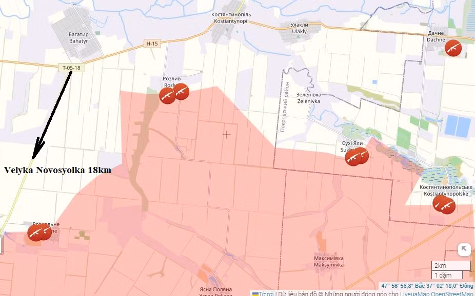 Ở phía bắc Velyka Novosyolka, Quân đội Ukraine buộc phải rút lui về sát đường cao tốc N-15 và các tuyến đường nông thôn xung quanh. Mặc dù vẫn còn một số đường rút lui, tuy nhiên những tuyến đường này nằm trong tầm bắn hỏa lực của quân Nga, nên việc rút lui trở nên vô cùng khó khăn. 
