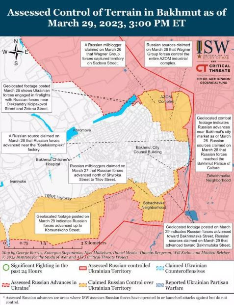 Cùng với các hoạt động chiến đấu trong thành phố, lính đánh thuê Wagner cũng đã tổ chức tập kích chớp nhoáng vào làng Ivanovsky, nằm ở ngoại ô phía tây nam Bakhmut, cũng như các làng Khromovo và Bogdanovka ở phía tây bắc, nhằm cố gắng cắt đứt trục đường O-0506. 