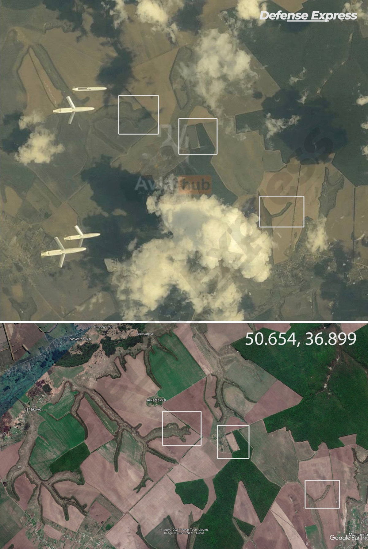 Trong bức ảnh được phân tích cho thấy, lần này bốn quả bom dường như cũng đang bay về phía Kharkov, thể hiện qua hướng chúng đang bay tới. Máy bay thả bom là loại tiêm kích bom Su-34 vào thời điểm đó đang bay gần các làng Sheino, Arkadevka và Ushakovo ở vùng Belgorod của Nga.