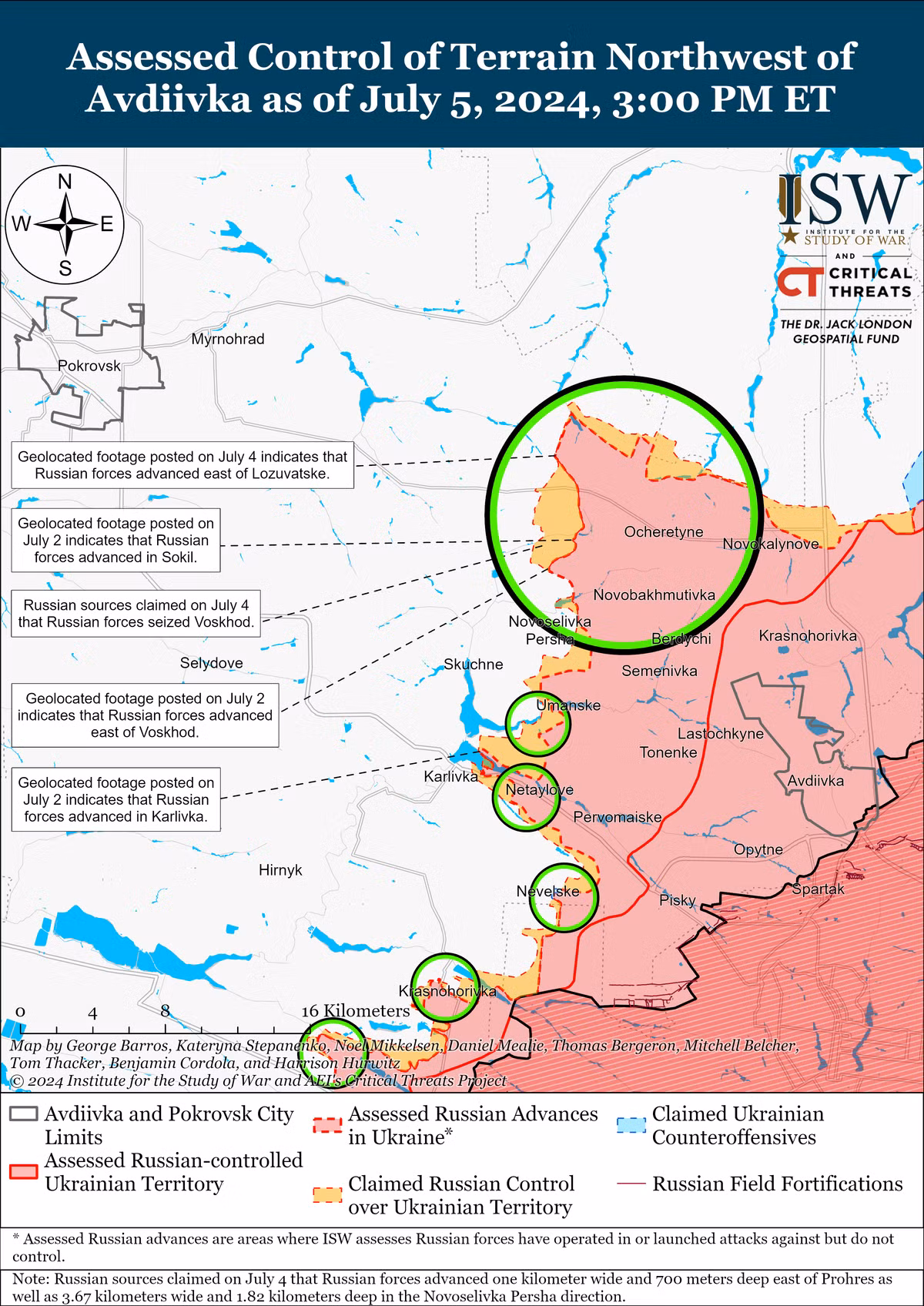 Ngày 6/7, tin tức về giao tranh ác liệt lại nổ ra trên chiến tuyến phía tây Avdiivka (Pokrovsk). Theo thông tin chiến trường, Quân đội Nga đã chiếm làng Sokol, nằm ở phía tây nam Ocheretine. Việc mất đi vị trí chiến lược này chắc chắn đã mở đường cho Quân đội Nga tiến xa hơn.