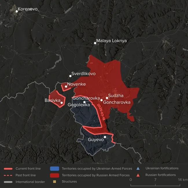 Vào ngày 24/3, thông tin chiến trường từ hướng Kursk nêu rõ, RFAF đã tiến về phía đông bắc làng Basivka dọc theo biên giới Sumy và Kursk, mở rộng trục Volodymyrivka đến vùng ngoại ô Vodolash. Mặt khác, bản đồ Liveuamap của Lầu Năm góc đã xác nhận quân Ukraine đã rút khỏi Guevo.