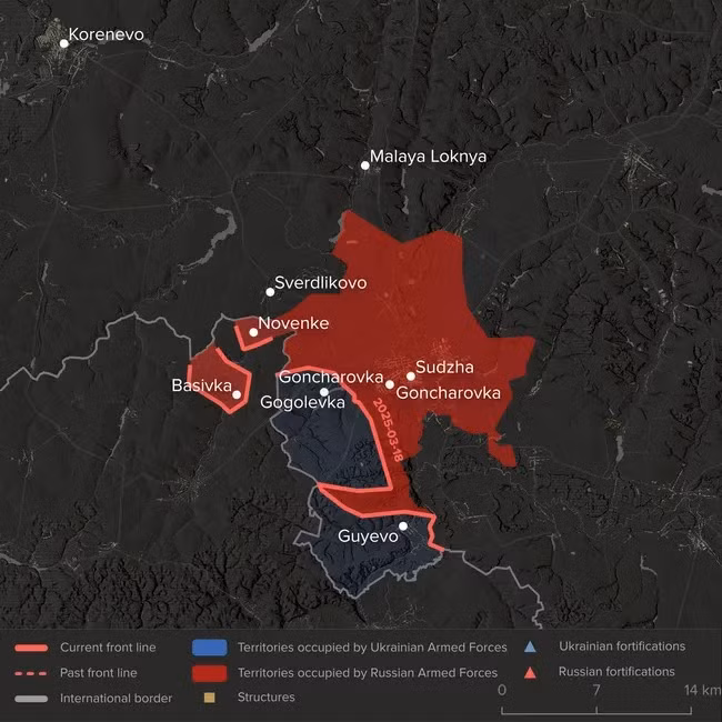 Vào ngày 24/3, thông tin chiến trường từ hướng Kursk nêu rõ, RFAF đã tiến về phía đông bắc làng Basivka dọc theo biên giới Sumy và Kursk, mở rộng trục Volodymyrivka đến vùng ngoại ô Vodolash. Mặt khác, bản đồ Liveuamap của Lầu Năm góc đã xác nhận quân Ukraine đã rút khỏi Guevo.
