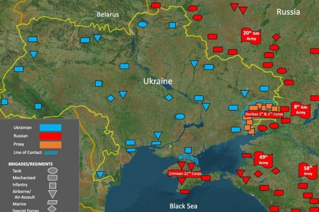 Các vị trí triển khai của các lực lượng Nga gần tương đối với biên giới Ukraine đã được đánh dấu trên bản đồ. Đánh giá những thông tin được truyền thông phương Tây cung cấp, sẽ không có cơ hội để Quân đội Ukraine có thể chống lại với Quân đội Nga, trong trường hợp Kiev gây hấn.