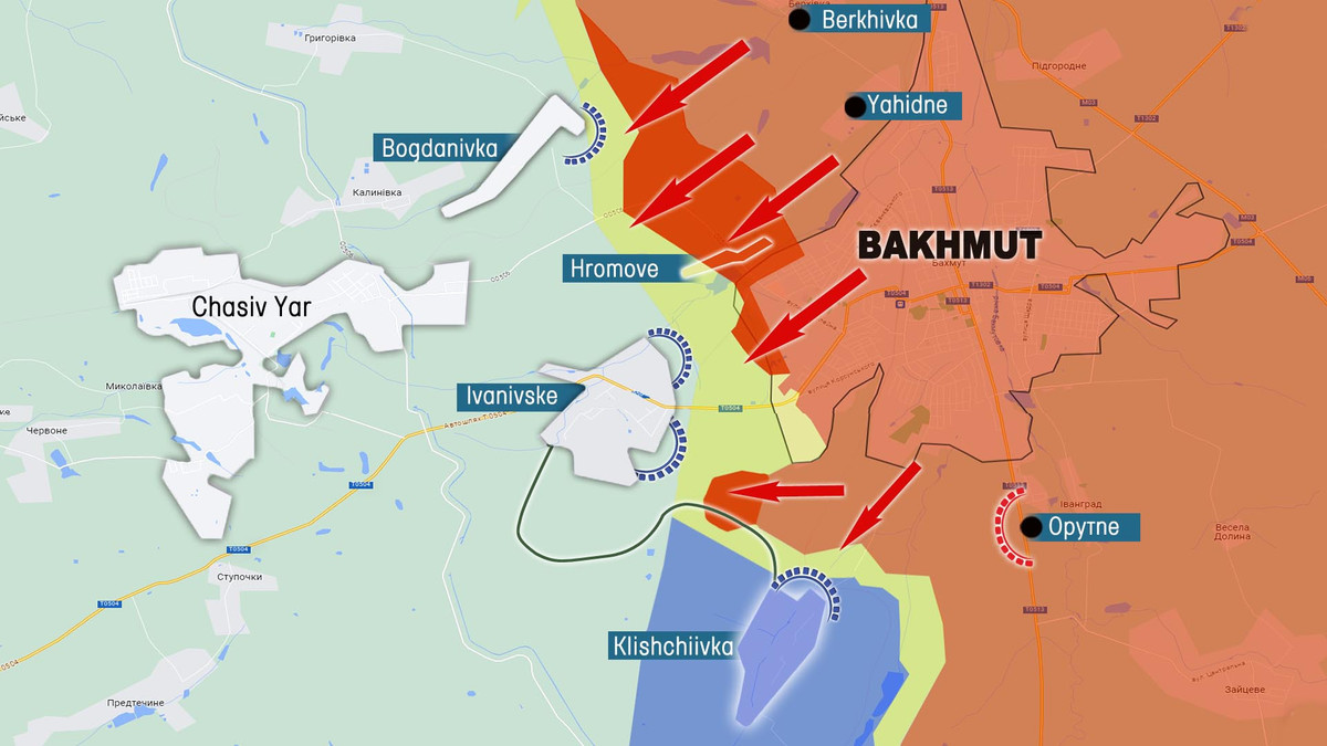 Ukraine được cho là đã lên kế hoạch thu hẹp chiến tuyến tại Bakhmut, và họ có thể rút lui khỏi thị trấn chiến lược Chasov Yar, nhưng sẽ để lại các đơn vị tiếp tục chiến đấu, để cầm chân bước tiến của quân Nga, nhằm xây dựng tuyến phòng thủ mới (Nguồn ảnh: Topwar, Rybar, Ukrinform).