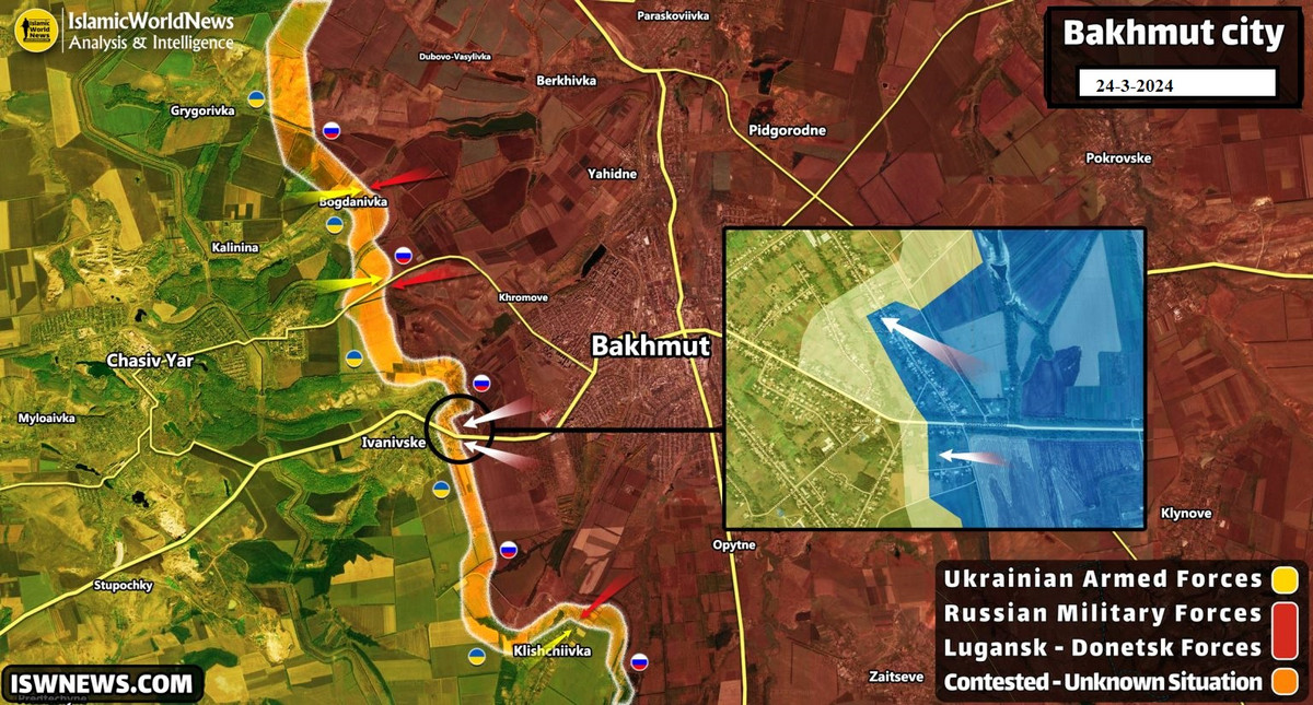 Việc quân Nga chiếm được một số vị trí then chốt trên một số điểm cao ở phía đông nam Chasov Yar đã được phía Ukraine xác nhận. Tại thời điểm này, mũi xung kích tiến xa nhất của Nga chỉ còn cách ngoại ô thị trấn Chasov Yar khoảng 1 đến 1,5 km, đặt nhóm quân Ukraine tại đây vào tình thế nguy hiểm. 