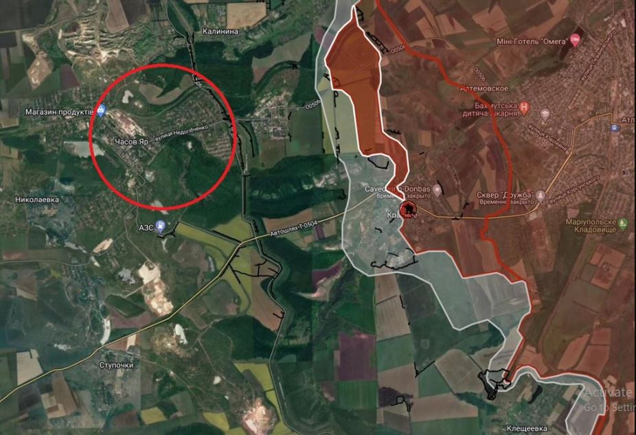 Còn theo kênh Telegram Rybar, các đơn vị Nga tiến về Kanal, nằm ở phía đông nam thị trấn Chasov Yar. Tại Bohdanivka, lính dù Nga đánh bật đối phương khỏi khu vực trung tâm ngôi làng, mặc dù các lực lượng của Ukraine vẫn duy trì quyền kiểm soát ở vùng rìa phía tây nam của làng.