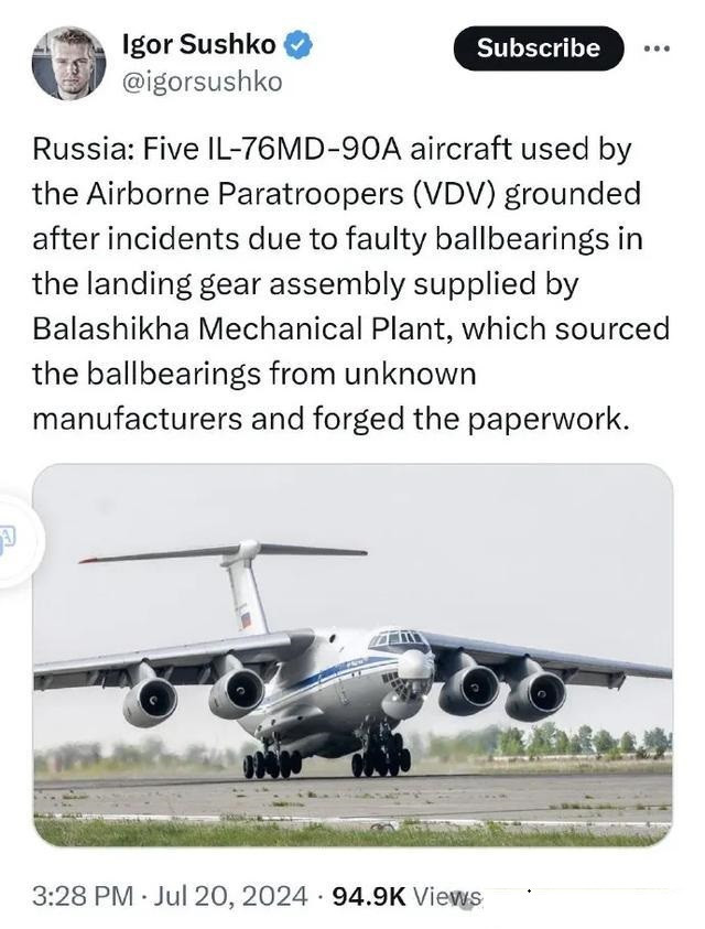 Tin tức mới nhất về vấn đề này là 5 máy bay vận tải quân sự hạng nặng IL-76MD-90A được Quân đội Nga sử dụng vừa bị ngừng hoạt động. Nguyên nhân là do bộ phận hạ cánh do Nhà máy cơ khí Balashikha cung cấp có vấn đề nghiêm trọng, do vòng bi có nguồn gốc từ các nhà sản xuất “không rõ nguồn gốc” với tài liệu giả mạo và nhanh chóng được chứng minh là hoàn toàn không thể sử dụng được. (Nguồn ảnh: Reuters, CNN, Al Jazeera, TASS).