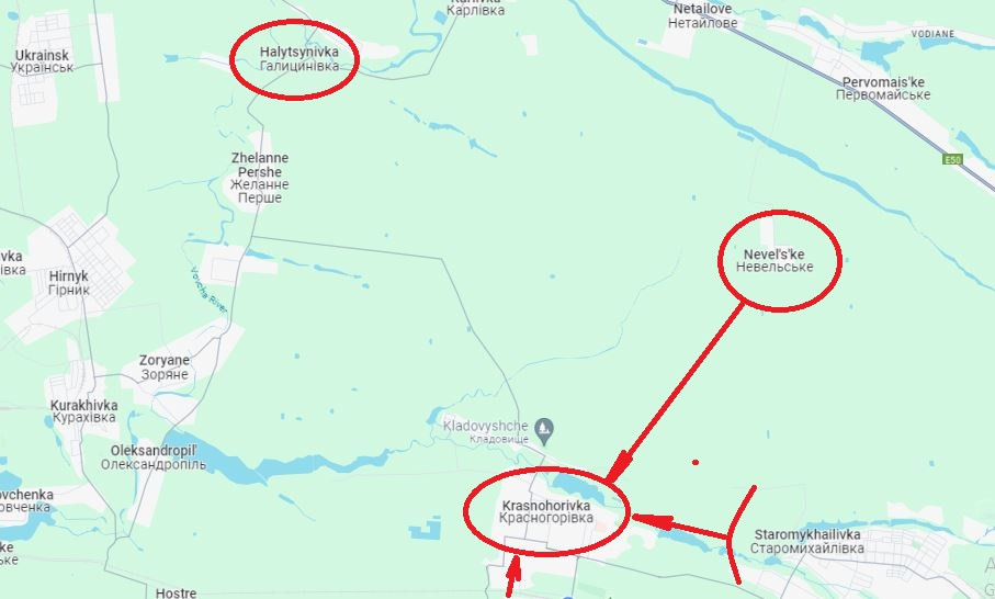 8. Cuộc tấn công của Nga vào Krasnogorovka được hỗ trợ bởi các hoạt động tấn công xung quanh thị trấn. Trước đó, Quân đội Nga lần lượt đánh chiếm làng Nevelskoe nằm ở phía bắc Krasnogorovka và tiến về phía tây, đe dọa bao vây quân đồn trú của Ukraine còn ở phía bắc Krasnogorovka.