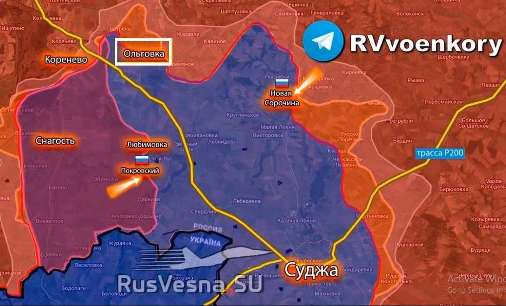 Quân đội Nga cũng đã tiến hành đột phá tuyến phòng thủ Ukraine ở phía bắc, tại khu vực Kremyanoye, và thực sự cắt đứt điểm nhô ra trên mặt trận, chọc sâu vào Korenevo và Olgovka. Việc kiểm soát Zeleny Shlyakh sẽ giúp quân Nga chặn các tuyến tiếp tế qua xa lộ 38K-030, tuyến đường đóng vai trò quan trọng trong hậu cần của quân Ukraine ở khu vực Kursk. 