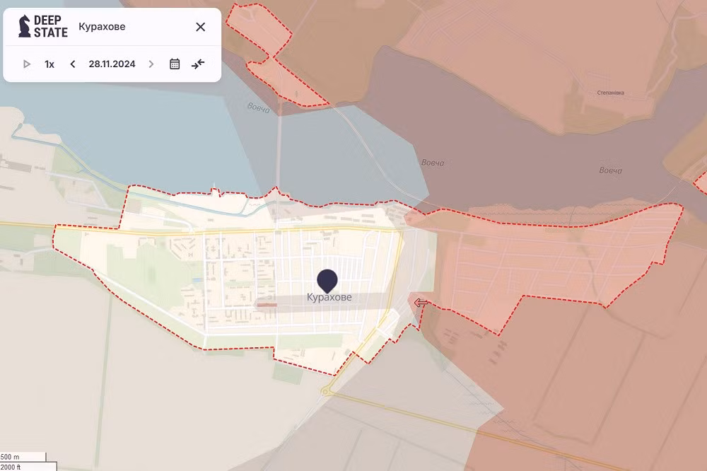 Theo bản đồ tình hình chiến sự ở khu vực Kurakhove được kênh Deep State của Quân đội Ukraine công bố sáng ngày 28/11, thì quân Nga đã kiểm soát phía đông thành phố Kurakhove, và thiết lập một mũi tấn công thọc sâu qua nhiều dãy phố ở trung tâm thành phố. 