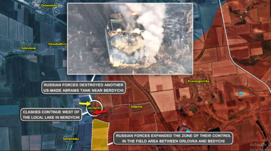 14. Tại làng Berdychi, Lữ đoàn bộ binh cơ giới 30 của Nga, trong cuộc tấn công đã tiêu diệt thêm một xe tăng M1 Abrams khác. Ở Orlivka thực sự không có chiến tuyến rõ ràng, bởi quyền kiểm soát từng ngôi nhà thay đổi liên tục. Hiện tại, quân Nga đã kiểm soát một phần phía nam làng Orlovka. 