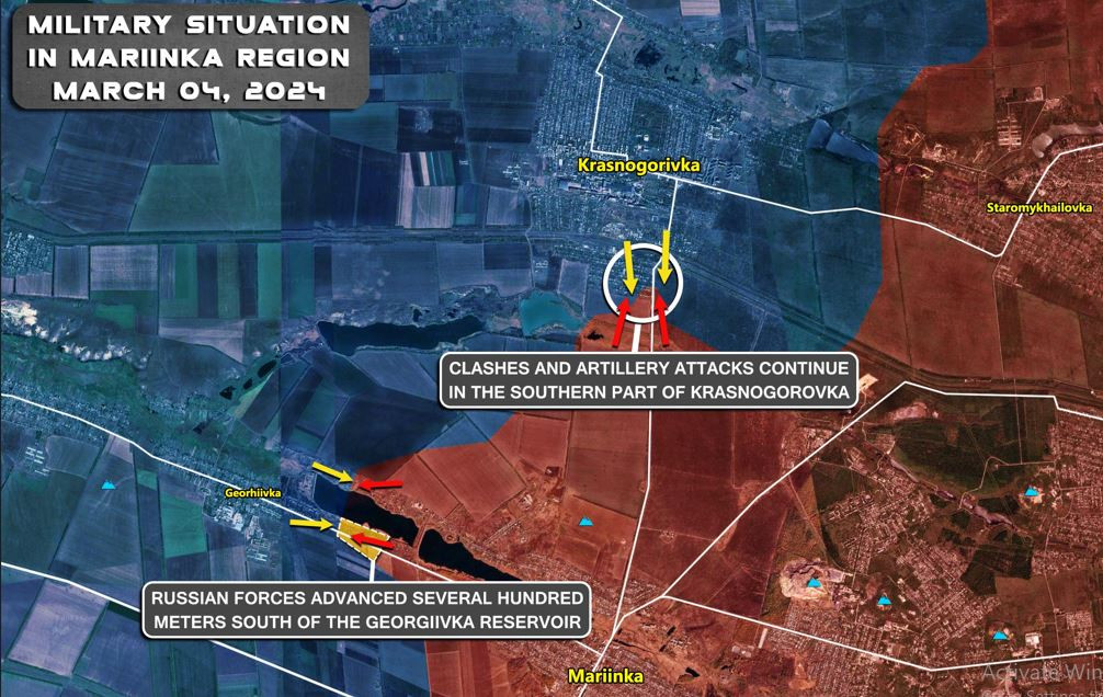 3. Trong 24 giờ qua, sau cuộc phản công tương đối thành công của Ukraine, thì quân Nga đã quay trở lại vị trí ở Krasnogorovka, nằm ở phía bắc Marinka. Họ đã đột nhập vào thị trấn theo hướng phía đông từ thành phố Donetsk vào tuần trước. 