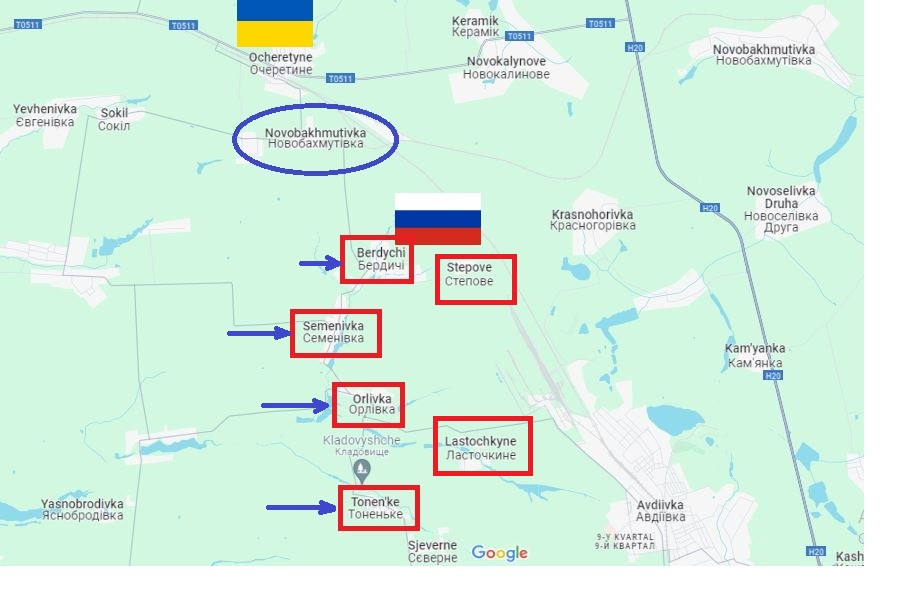 8. Thành phố Avdiivka trước đó đã bị quân Nga tràn ngập vào ngày 17/2. Ngay sau đó, quân Nga đã không để quân Ukraine lập tuyến phòng thủ mới, nhanh chóng truy kích quân Ukraine về khu vực phía tây, tiếp tục chiếm các làng Lastochkino, Orlovka, Stepovoye, Severnoe, Orlovka, Tonenke và Berdychi.