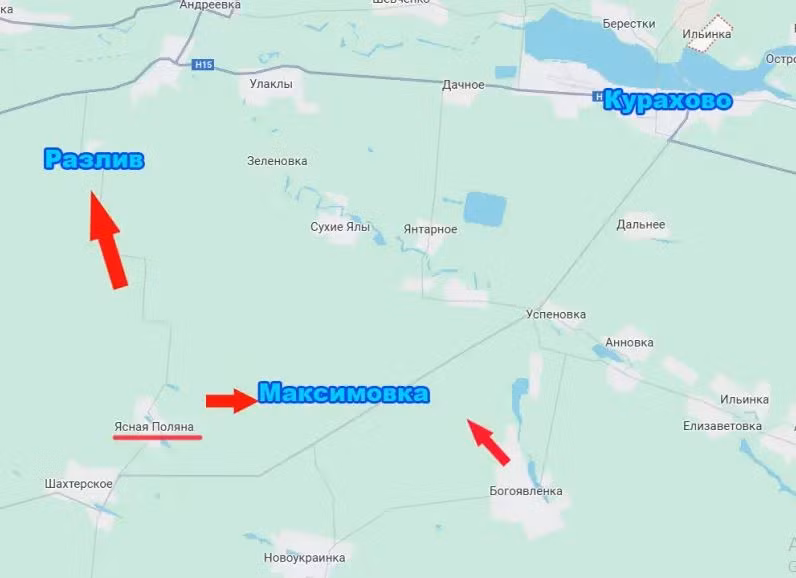 Cùng lúc đó, quân Nga tiếp tục tấn công từ phía tây nam, tiến về hồ chứa Kurakhovskoe từ hướng Ugledar. Theo hướng này, theo dữ liệu phân tích, 5 ngôi làng và hơn 200 km mét vuông đã bị quân Nga tràn ngập. Maksimovka trở thành một cột mốc quan trọng trong cuộc tấn công của quân Nga; tiền tuyến từ hướng này chỉ còn cách chỉ cách hồ chứa Kurakhovsky 15 km.