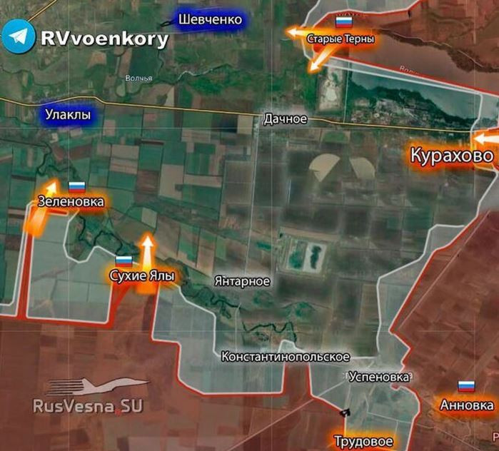 Kênh Military Summary của Nga cho biết, đầu tuyến phòng thủ sông Sukhi Yaly, Cụm Vostok đã chiếm được ngôi làng Zelenivka; như vậy RFAF đã kiểm soát gần như toàn bộ khu vực dọc theo con sông. Mục tiêu trung hạn có thể là chiếm làng Dachne, để buộc quân đội AFU phải rút khỏi nhà máy điện Kurakhove. Điều này sẽ ngăn chặn một thảm họa Azovstal thứ hai.