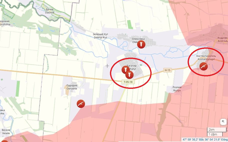 Hiện các đơn vị xung kích của Cụm Vostok đã xuyên thủng tuyến phòng thủ của AFU, tiến sâu được 1,5 km dọc theo con đập đến vùng ngoại ô phía đông của làng Bagatyr, chiếm chiếm giữ hai vị trí và một điểm cao có giá trị chiến thuật. AFU đang lo lắng khi họ không thể tiếp tục giữ được cứ điểm Konstantinople và Bagatyr nữa.