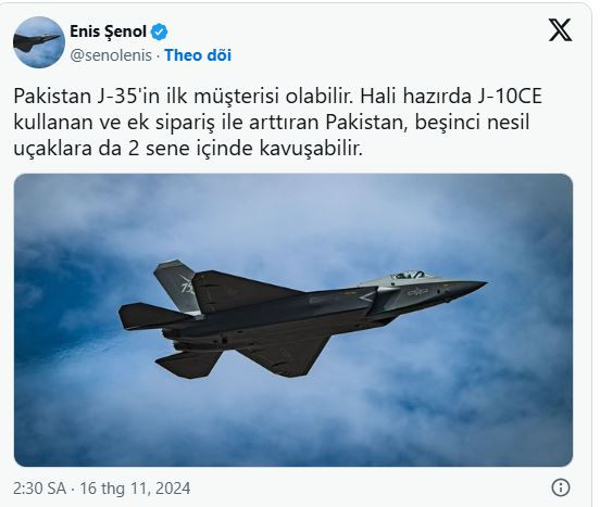 Thông tin trên, mặc dù vẫn chưa được xác nhận bởi các nguồn tin chính thức tại Pakistan, nhưng phù hợp với các thông tin trước đây, về sự quan tâm của Không quân Pakistan (PAF) đối với loại chiến đấu cơ được cho là có khả năng tàng hình này.