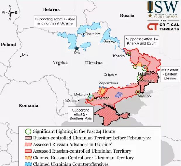 Nhìn vào bản đồ chiến sự Ukraine hiện nay, Nga tuyên bố "thiết lập quyền kiểm soát toàn diện đối với Donbass và miền nam Ukraine". Phạm vi địa lý của khu vực Donbass là tương đối rõ ràng, nhưng khu vực nào thuộc miền nam Ukraine, mà Quân đội Nga định kiểm soát?