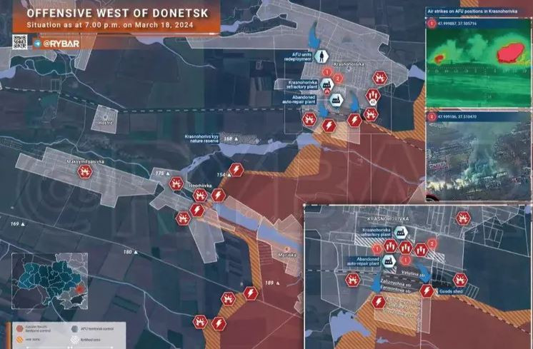 Vào ngày 18/3, giao tranh ác liệt đang diễn ra ở thị trấn Krasnogorovka, phía tây thành phố Donetsk, quân Nga đang cố gắng tiến lên dưới sự yểm trợ của lực lượng thiết giáp. Mặc dù Quân đội Nga đã đạt được tiến bộ bước đầu ở khu vực phía nam của thị trấn, nhưng vẫn chưa đạt được bước đột phá lớn.