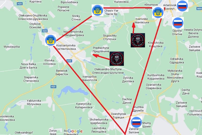 Cụm thứ ba từ phía nam cao nguyên Chasov Yar đến tận Dzerzhinsk, quân đổ bộ đường không Nga đang từ từ tiến công, chiếm lĩnh địa hình thuận lợi, phòng quân đội Ukraine có thể chiếm được cụm cứ điểm Dzerzhinsk; còn ngoài ra, quân đội Nga ở đây sẽ không dễ dàng nhúng tay vào khu vực này.