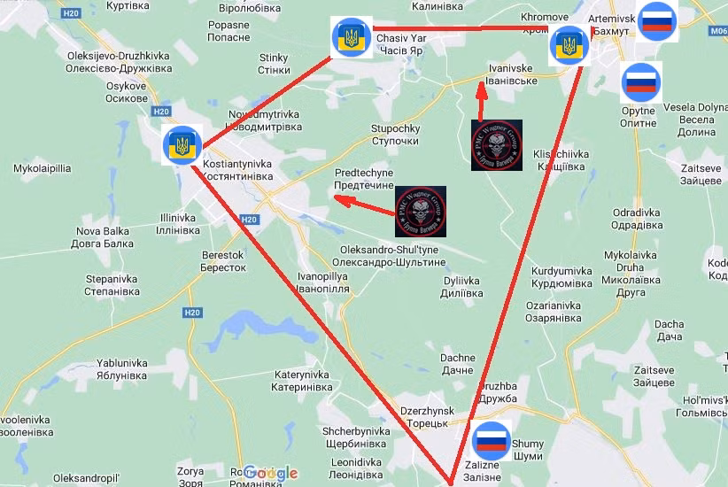 Cụm thứ ba từ phía nam cao nguyên Chasov Yar đến tận Dzerzhinsk, quân đổ bộ đường không Nga đang từ từ tiến công, chiếm lĩnh địa hình thuận lợi, phòng quân đội Ukraine có thể chiếm được cụm cứ điểm Dzerzhinsk; còn ngoài ra, quân đội Nga ở đây sẽ không dễ dàng nhúng tay vào khu vực này.