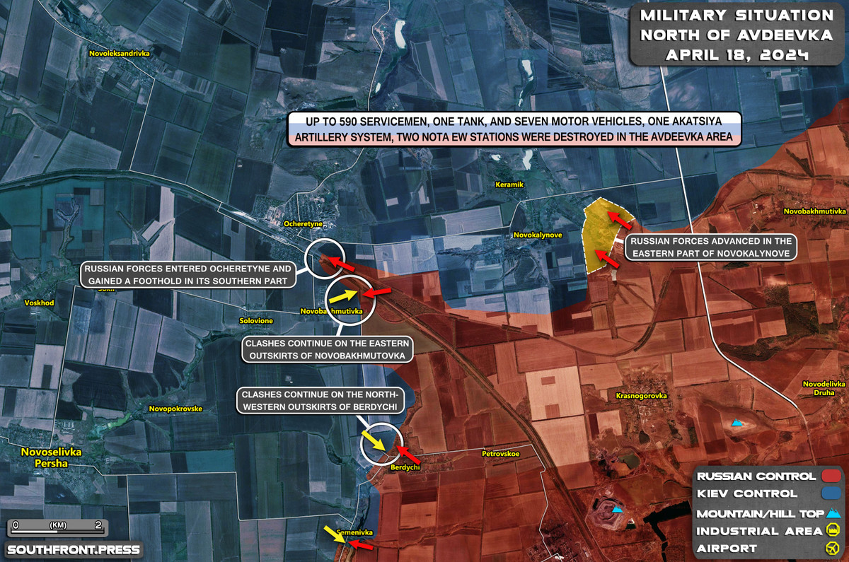 Nếu để mất Ocheretino, sẽ làm sụp đổ nhanh chóng tuyến phòng thủ ở tây Avdiivka, nên Bộ Tổng tham mưu Quân đội Ukraine vội tung quân dự bị vào các cuộc phản công trực diện, nhưng thường bị không quân và pháo binh Nga vô hiệu hóa ngay trước khi họ tổ chức được cuộc phản công. 