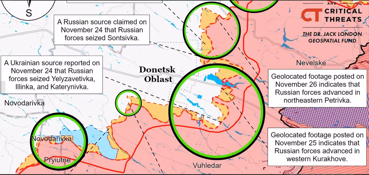 Theo hình ảnh định vị địa lý được công bố ngày 24/11, các đơn vị thuộc Lữ đoàn xe tăng số 5 thuộc Cụm Vostok, đã tiến tới vùng ngoại ô phía đông Velyka Novosilka. Đồng thời cũng đang tổ chức bao vây Velyka Novosyolka từ phía đông bắc và đông nam, buộc quân Ukraine phòng thủ phải rút lui.