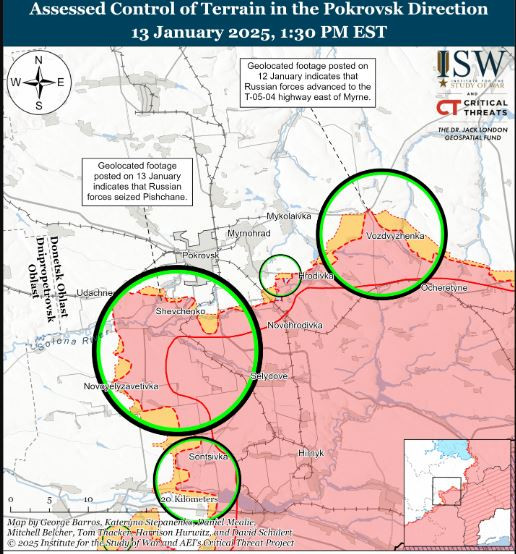 Ngày 14/1, Viện Nghiên cứu chiến tranh của Mỹ (ISW) cho biết, quân đội Nga đã cắt một số tuyến đường về phía tây nam và phía đông Pokrovsk, nhằm làm gián đoạn hoạt động tiếp tế hậu cần của quân phòng thủ Ukraine, và buộc lực lượng này, phải rút lui khỏi Pokrovsk và Mirnograd, mà không cần tấn công vào đô thị.