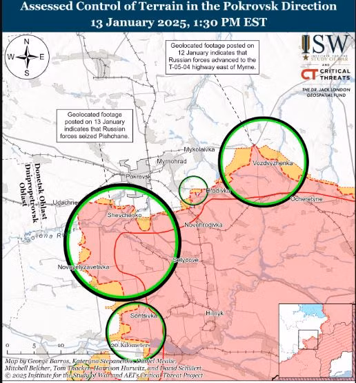 Ngày 14/1, Viện Nghiên cứu chiến tranh của Mỹ (ISW) cho biết, quân đội Nga đã cắt một số tuyến đường về phía tây nam và phía đông Pokrovsk, nhằm làm gián đoạn hoạt động tiếp tế hậu cần của quân phòng thủ Ukraine, và buộc lực lượng này, phải rút lui khỏi Pokrovsk và Mirnograd, mà không cần tấn công vào đô thị.