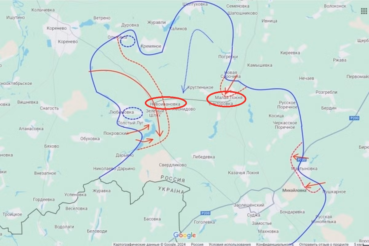 Những kết quả tấn công của đợt 2 chiến dịch phản công ở Kursk đã giúp Quân đội Nga bắt đầu tấn công Darino và từ đó làm bàn đạp để tấn công về phía nam, hướng tới Sverdlikovo. Hiện các trận đánh đang diễn ra ác liệt ở Novoivanovka và Malaya Lokna (khoanh đỏ trên bản đồ). 